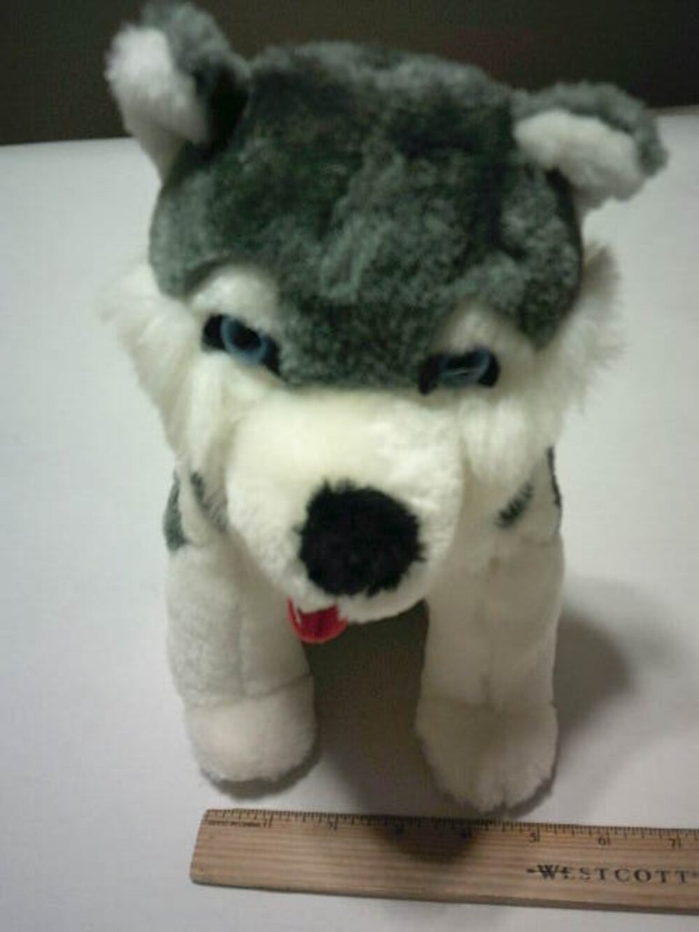 CUTE HUSKY PLUSH TOY DOG GRAY & WHITE OCEAN BLUE EYES RED FELT TONGUE 12" NICE